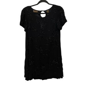Liz Claiborne Night Swing Dress Black Womens Size 10P Floral Beaded Short Sleeve